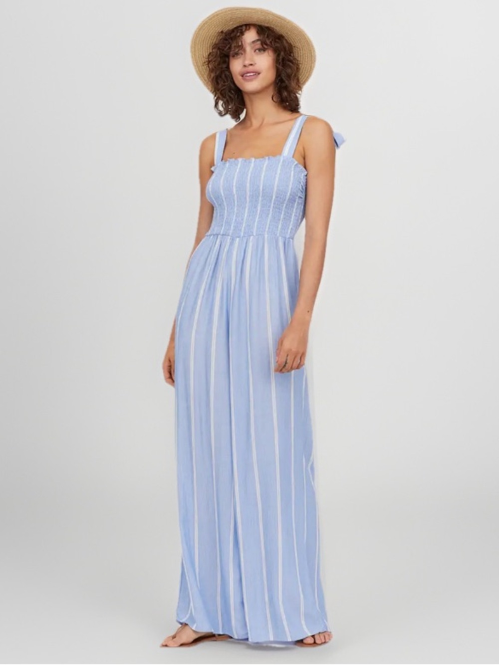 H&M Wide Leg Striped Jumpsuit Smocked Top Light Blue White Size 10